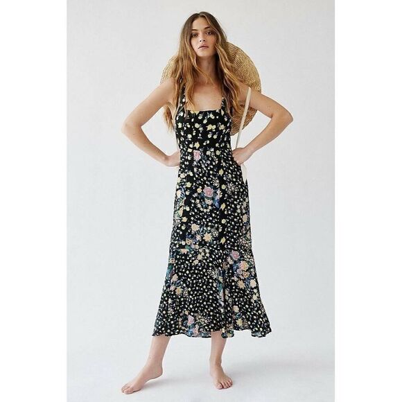 NEW FREE PEOPLE Sz 6 VALENTINA DRESS SATIN PRINTED MIDI DRESS IN BLACK - Picture 1 of 4